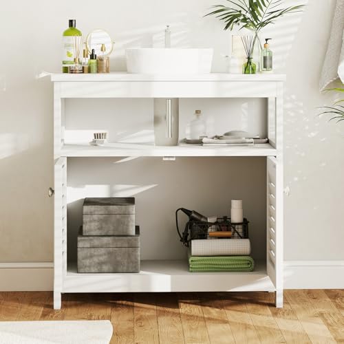 Under Sink Cabinet Pedestal Storage Cabinet with 2 Doors & Open Shelf, U Shape Cut Out Bathroom Vanity Under Sink Storage, Vanities for Toiletries Makeup in Bathrooms (White) - size: Single-story