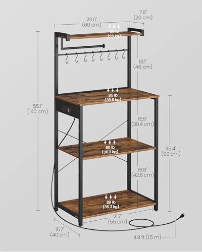 VASAGLE BARNET Collection - Kitchen Bakers Rack with Power Outlet, 23.6-Inch Wide Coffee Bar 4-Tier with 8 S Hooks, Modern Microwave Stand, Adjustable Shelf, Rustic Brown and Ink Black UKKS014K01V1 - color: Rustic Brown + Ink Black, size: 23.6"W