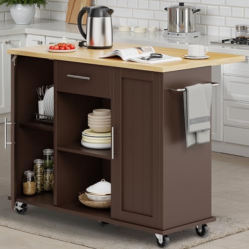 SUNLEI Rolling Kitchen Island Cart with Wheels, Island Table for Kitchen, Farmhouse Kitchen Cart with Drop Leaf & Towel Rack & Drawer, Kitchen Islands Table with Storage Cabinet, Brown - style: Brown