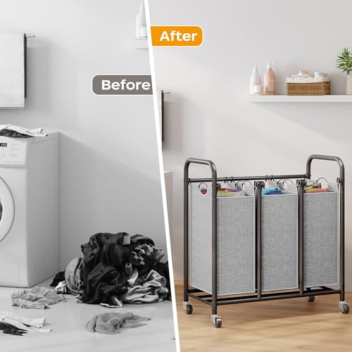 Whitmor 3-Bag Laundry Sorter, Laundry Hamper Cart with Heavy Duty Rolling Lockable Wheels and Removable Bags, Laundry Organizer Basket Clothes Separator Hamper, Grey, Large, KJ3009 - size: 3 Section B,Grey