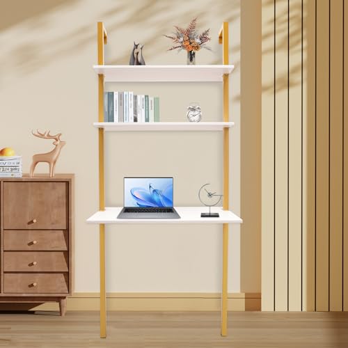 2-Shelf Industrial Wall Mount Ladder,Wall Mount Computer or Writing Desk, Computer Laptop Desk with Shelves, Wall Table Floating Desk with Storage for Home Office, Gold, (20" Dx30 Wx72.8 H) - color: Gold/ White