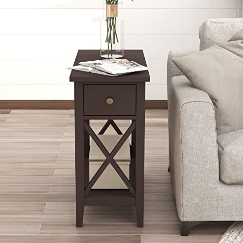 ChooChoo End Table, Flip Top Narrow End Table with Drawer | Narrow Side Table with Flip Top, Accent Small Side Table Nightstand for Living Room, Bedroom, and Small Spaces, Espresso - color: Espresso, size: 1 Pack, style: Without Power