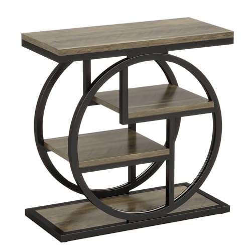 Tribesigns End Table for Living Room, 4-Tier Narrow Side Table with Storage Shelves, Industrial Bedside Table for Bedroom, Wood Small Sofa Side Table with Geometric Metal Frame (1 PC, Grey) - color: Grey