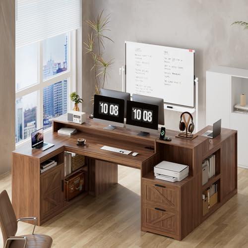 TVU Farmhouse L Shaped Desk with Drawers, 62.2" Home Office Desk with Storage Shelves and Power Outlet, L Shaped Computer Desk with Monitor Stand and Printer Shelf, Brown - color: Brown