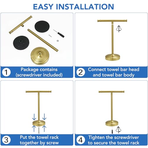 RUMOSE 13 Inch Brushed Gold Towel Stand Hand Towel Holder Bathroom Kitchen Vanity Countertop T-Shape Towel Rack Free Standing Stainless Steel Towel Bar Towel Ring - color: Brushed Gold