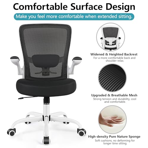 FelixKing Office Chair, Ergonomic Desk Chair Breathable Mesh Chairs Adjustable High Back Lumbar Support Flip-up Armrests, Executive Rolling Swivel Comfy Computer Chairs Home Office White - color: White