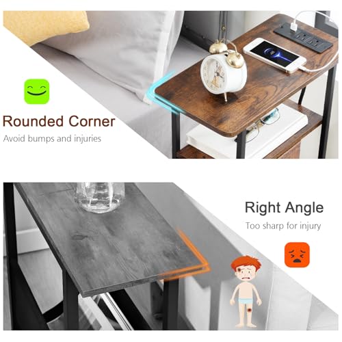 LOAKEKEL Narrow Nightstand with Charging Station, End Tables Living Room Set of 2, Skinny Side Table with Fabric Drawers, Slim Sofa Table for Bedroom, Small Spaces, Couch, Rustic Brown, HETNDP02PBR - color: Rustic Brown, style: Power