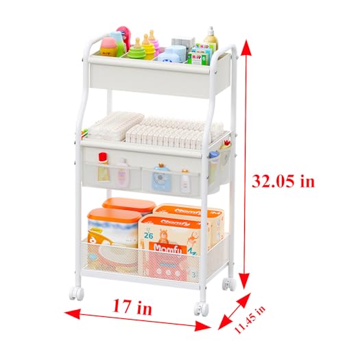 3-Tier Diaper Caddy Organizer & Rolling Cart,Metal Utility Cart with 4+2 Dividers & Lockable Silent Casters, Mobile Storage Cart for Nursery Essentials, Multi-Purpose for Kidsroom Changing Table
