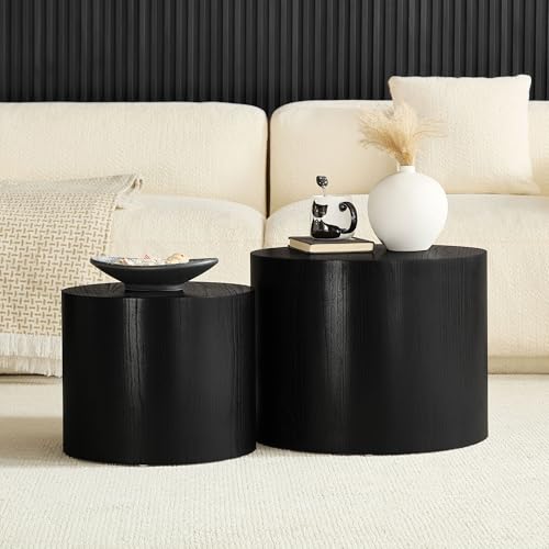 Round Coffee Table Set of 2, Nesting Coffee Table and End Table Set Wood Small Circle Drum Side Table for Living Room Office, No Assembly - color: Black