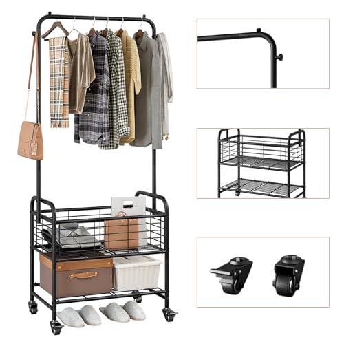 SUOERNUO Laundry Cart with Hanging Rack Rolling Laundry Hamper Sorter with Wheels Shelf,Black - color: Black