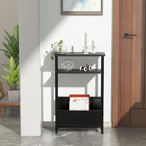 THUMEYE 7.1" Narrow Side Table for Small Spaces, 3 Tier Small End Table with Magazine Holder, Slim/Skinny Nightstand/Bedside Table for Living Room, Bedroom, 15.4" L x 24.2" H, Black - color: Black