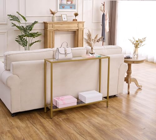 MAJARO Small Modern Console Table for Entryway, Tempered Glass with Metal Frame Sofa Table for Living Room, Hallway, Office (Double-Layer, Gold) - color: Gold, style: Double-layer