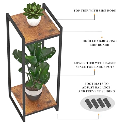 34" Tall Indoor Plant Stand, 2-Tier Flower Pot Rack, Rustic Brown | Modern Minimalist Look, Wood Finish, for Living Room, Bedroom, Balcony, Space-Saving, Sturdy Metal Frame
