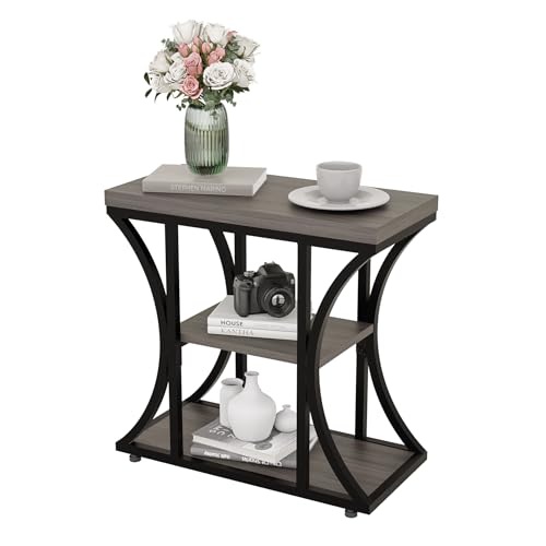 3-Tier End Table, Grey Nightstand with Storage Shelves, Narrow Side Table for Living Room, Bedroom, Small Spaces – Wood and Metal Accent Table (1, Grey) - color: Grey
