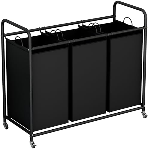 LINZINAR 3 Section Laundry Hamper, Black Laundry Basket 135L Laundry Sorter | Laundry Room Organization with Heavy Duty Rolling Lockable Wheels and Removable Bag, Bedroom Laundry Cart for Clothes Storage - size: 3 Bags Black