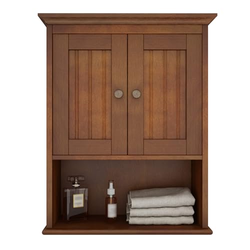 Treocho Wood Wall Cabinet, Bathroom Medicine Cabinet Storage with Doors and Adjustable Shelf, Rustic Cabinet Wall Mounted for Bathroom, Livingroom, Kitchen, Cupboard, Reddish Brown - color: Reddish Brown