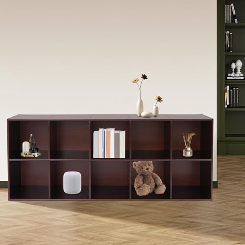 10 Cube Wooden Bookshelf, 2 Tiers Modern Floor Standing Storage Shelf Open Book Shelf for Living Room Bedroom Office, 11 * 11in Cubes, Easy Assembly - size: 10 Cube B