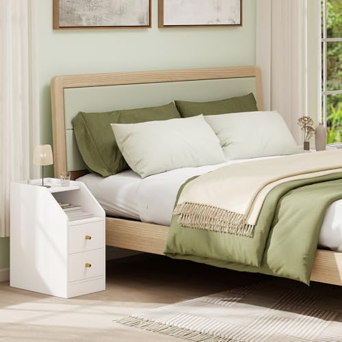 KOMFOTT Set of 2 Side Tables with Charging Station, End Tables with Storage Drawers, Sofa Couch Tables for Small Space, Modern Nightstands for Bedroom (White,2) - color: White