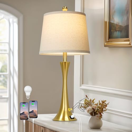 Rinweey 27.5" Gold Lamps for Living Room, Touch Control 3-Way Dimmable Bedside Nightstand Lamps Bedroom Lamp,Modern Gold Table Lamp with USB A+C Ports,Tall Lamps for Living Room End Table(1Pack) - color: Gold (1 Pack)
