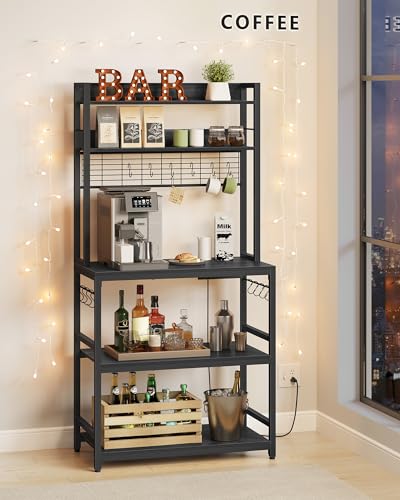 VASAGLE Bakers Rack with Power Outlet, Microwave Stand, Kitchen Tall Utility Storage Shelf, with Metal Wire Panel, 14 Hooks, 15.7 x 31.5 x 66.9 Inches, Charcoal Gray and Ink Black UKKS025B22 - color: Charcoal Gray + Ink Black, size: 31.5"W
