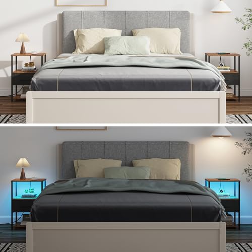 TUTOTAK LED Nightstand Set of 2, Night Stand with Charging Station, End Table, Bedside Table with Fabric Drawer, Side Table for Livingroom and Bedroom, Brown TB01BB0692L - color: Brown, style: Plug&LED