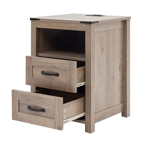 Farmhouse Night Stand, Rustic Sierra Nightstand for Bedroom, End Tables with Charging Station, Bedside Table with Drawers, Wood Bedside Cabinet Dresser - color: Sierra, size: 1pcs with Charging