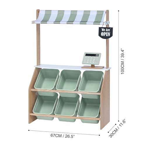 Teamson Kids Little Helper Wooden Farmer's Market Stand with Pretend Cash Register and 6 Plastic Storage Bins, Green, TD-13638A-AMZ | Pretend Grocery Store Playset, Cash Register Toy, 6 Storage Bins, Awning, Ages 3+ - style: Market Stand w/ Storage