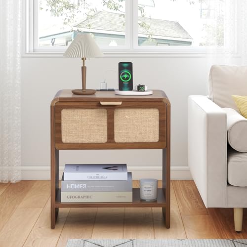 LEVNARY Compact Nightstand Set of 2, Mid-Century Modern Bedside Table with Charging Station and Fabric-Like Textured Drawer, Wooden Small End Table for Farmhouse Bedroom Living Room (2, Walnut) - color: Walnut–linen Drawer Front, size: 2-Pack