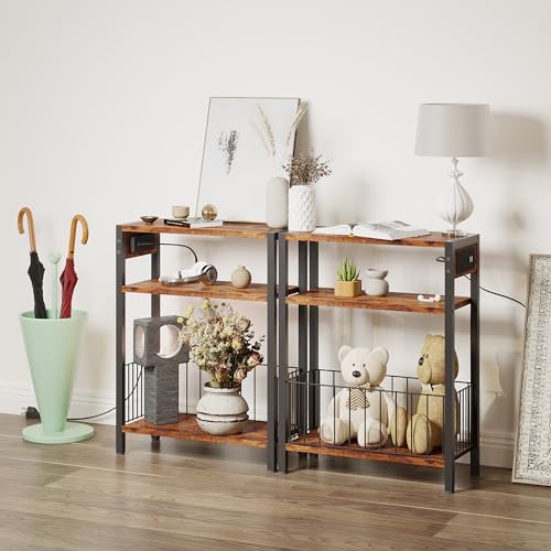 TRIFEBLE Narrow Side Table with Charging Station, Small End Table for Small Spaces, Slim Nightstand with Storage Basket, 3 Tier Skinny Bedside Table for Living Room, Bedroom, Rustic Brown - color: Rustic Brown, style: With Basket & Power
