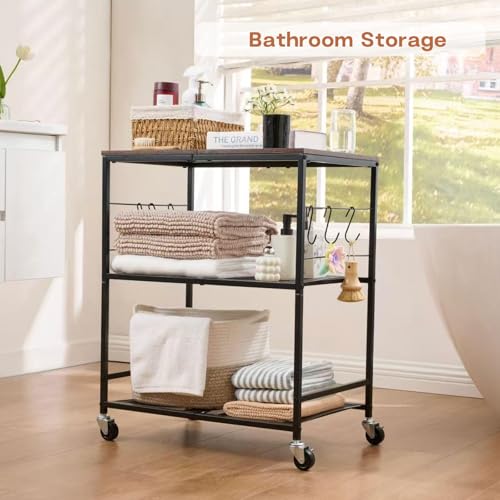 Rolling Kitchen Microwave Cart, 3 Tier Microwave Stand with Storage, Small Kitchen Island on Wheels, Wood and Mental Kitchen Shelf Rack, Black Organizer for Living Room, Office, Balcony - color: Black