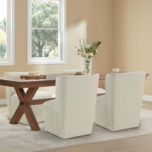KISLOT Upholstered Dining Chairs Set of 1 with Casters, Wingback Modern Side Armless Deskchair with Rollers for Diningroom Bedroom Livingroom Reading Room, Cream Faux Leather - color: A Cream Faux Leather, size: Set of 1