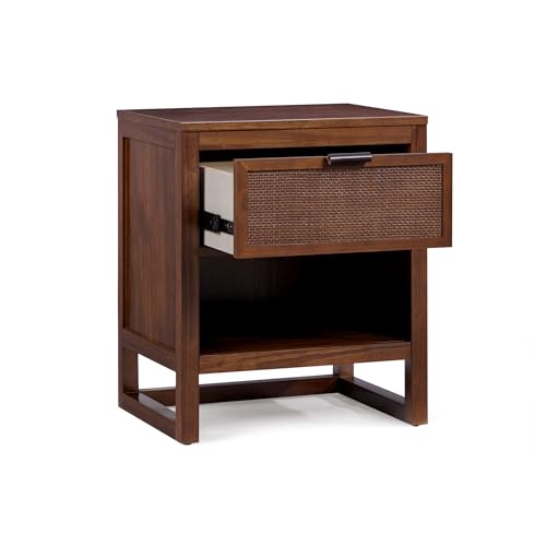 Teamson Home Hatteras 20" W Nightstand with 1 Deep Drawer and Open Shelf Storage in Coastal Modern Style, Ball Bearing Glides, Pine Wood Frames and MDF with Rattan, Walnut Finish | 1 Deep Drawer, Open Shelf Storage, Coastal Modern Style, Ball Bearing Glid