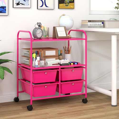 GOFLAME 4-Drawer Rolling Storage Cart with 2 Shelves, Mobile Utility Cart with Removable Drawers and Metal Frame, Art Craft Drawer Cart with Lockable Wheels for Home, Office, School, Studio, Hot Pink - color: Hot Pink