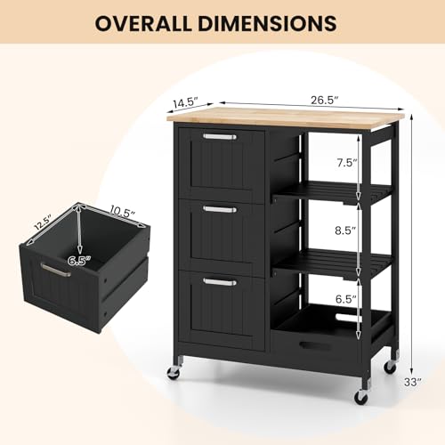 Giantex Kitchen Island Cart with Storage, Bar Serving Cart on Wheels with 3 Deep Drawers, Open Shelves & Removable Tray, Rolling Kitchen Trolley Cart for Home Kitchen, Dining Room, Bar - color: Black
