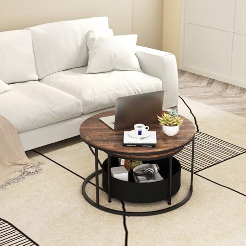 Tangkula Round Nesting Coffee Table Set of 2, Wooden Center End Table with Fabric Storage Basket & Metal Frame, Stacking Side Table for Apartment, Living Room & Bedroom (Rustic & Black) - color: Rustic & Black