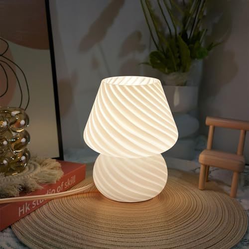 ONEWISH Mushroom Lamp-Small Bedside Table Lamp with Striped Glass, Nightstand Lamp for Bedroom, Living Room, 3000K E26 Bulb Included(White) - color: Not-dimmable-white-1pack