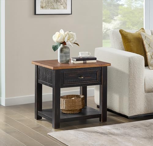 Monterey Farmhouse Rustic End Table, Solid Pine Wood Coastal Side Table with Drawer and Shelf. Black and Honey. | Farmhouse Rustic, Coastal Side Table, Drawer and Storage Shelf - color: Black and Honey