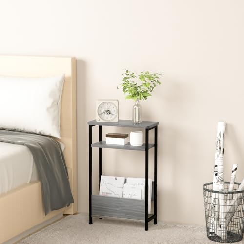 THUMEYE 7.1" Narrow Side Table for Small Spaces, 3 Tier Small End Table with Magazine Holder, Slim/Skinny Nightstand/Bedside Table for Living Room, Bedroom, 15.4" L x 24.2" H, Gray - color: Grey