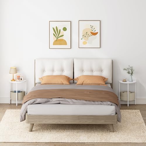 Vagusicc Side Table, Small Round End Table, Tall Accent Table with Storage Basket, Set of 2 Half Round Coffee Tables Half Moon Tables, Bedside Table, Modern Nightstand for Living Room Bedroom, White - color: White