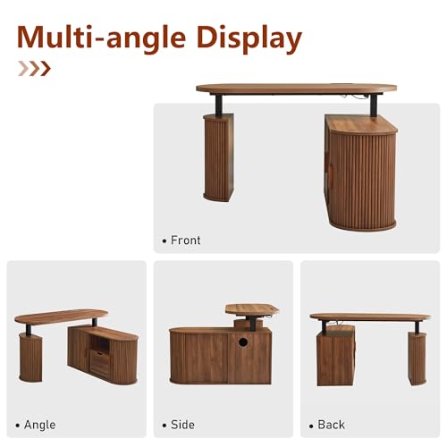55" L Shaped Standing Desk with Storage, Oval Electric Desk Height Adjustable Executive Desk with File Drawer, Fluted Wood Desk Office Sit Stand up Desk for Work, Study, Writing, Walnut - color: 55'' L Shape Walnut