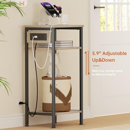 Asgolion Tall End Table with Charging Station, 3 Tier Narrow Beside Table with Adjustable Shelf, Tall Side Table Nightstand for Bedroom, Living Room Coffe Table, Office, Greige - color: Greige, size: 14.8"D x 11"W x 30"H