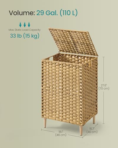 SONGMICS 2-Section Laundry Hamper with Lid, 29 Gal (110L) PE Rattan Laundry Basket with Removable Washable Liners, for Bedroom & Living Room, Goose Yellow ULCB222YE01 - color: Goose Yellow, size: 110 L (2 Basket)