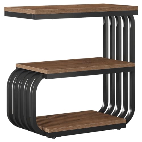 Tribesigns Small Narrow End Table with Storage Shelf, Industrial Side Tables with Curved Metal Frame, 3-Tier Accent Table and Nightstand for Living Room, Bedroom, Small Space (1, Brown) - color: Brown