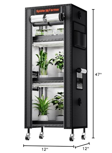 Spider Farmer 4 Tier Mini Greenhouse Plant Shelf with Grow Lights Indoor | 60W Full Spectrum LED Grow Lights, Grow Tent Cover with Visual Curtain and Blackout Curtain, Waterproof Trays, Movable Wheels - size: S-16x12x47in