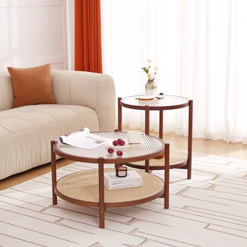 Tiita Rattan Nightstand Side Table, Bamboo Accent Bedside Tables, Glass Coffee Tables, Boho Wooden End Table with Storage for Small Space, Living Room and Bedroom - color: Round Table-s-brown
