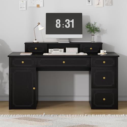 Catrimown Black Desk with 7 Drawers, 54 Inch Computer Desk with Cabinet for Work Writing Study, Vanity Desk with Golden Handle for Girls, Bedroom - color: Black