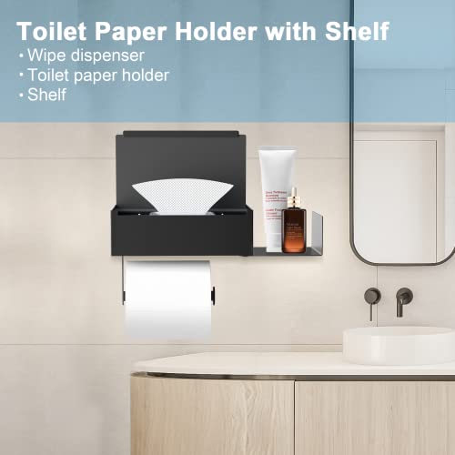Toilet Paper Holder with Shelf, FUNLEU Self Adhesive Toilet Paper Holder with Storage, Wipe Holder for Bathroom Flushable Wipes Dispenser - Stainless Steel Toilet Holder Wall Mount, Matte Black - color: Black
