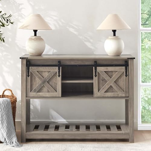 Grey Farmhouse Entryway Table, Rustic Hallway Table with Storage Shelf, Sofa Table with Sliding Barn Doors for Hallway, Entryway, Living Room, Foyer - color: Grey