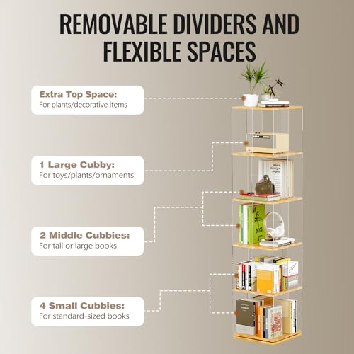 TAKEKIT 5-Tier Rotating Bookshelf, 360° Spinning Book Shelf Tower with Solid Wood & Clear Acrylic, Square Revolving Bookcase for Kids Room, Living Room, Bedroom and Office - color: Natural Square, size: 5-Tier