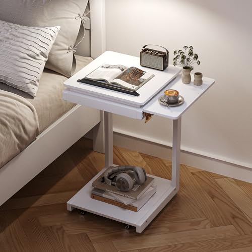 OtterOasis C Shaped End Table for Couch Rolling Side with Wheels White | Wood, Desk Tv Tables, with Folding Desktop, Lockable Wheel, with Hidden Storage, for Living Room, Bedroom - color: White